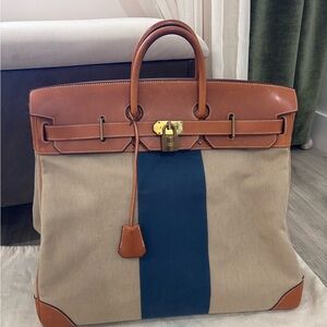 Authentic HERMES limited edition HAC 50 FLAG Fauve toile natural barenia
